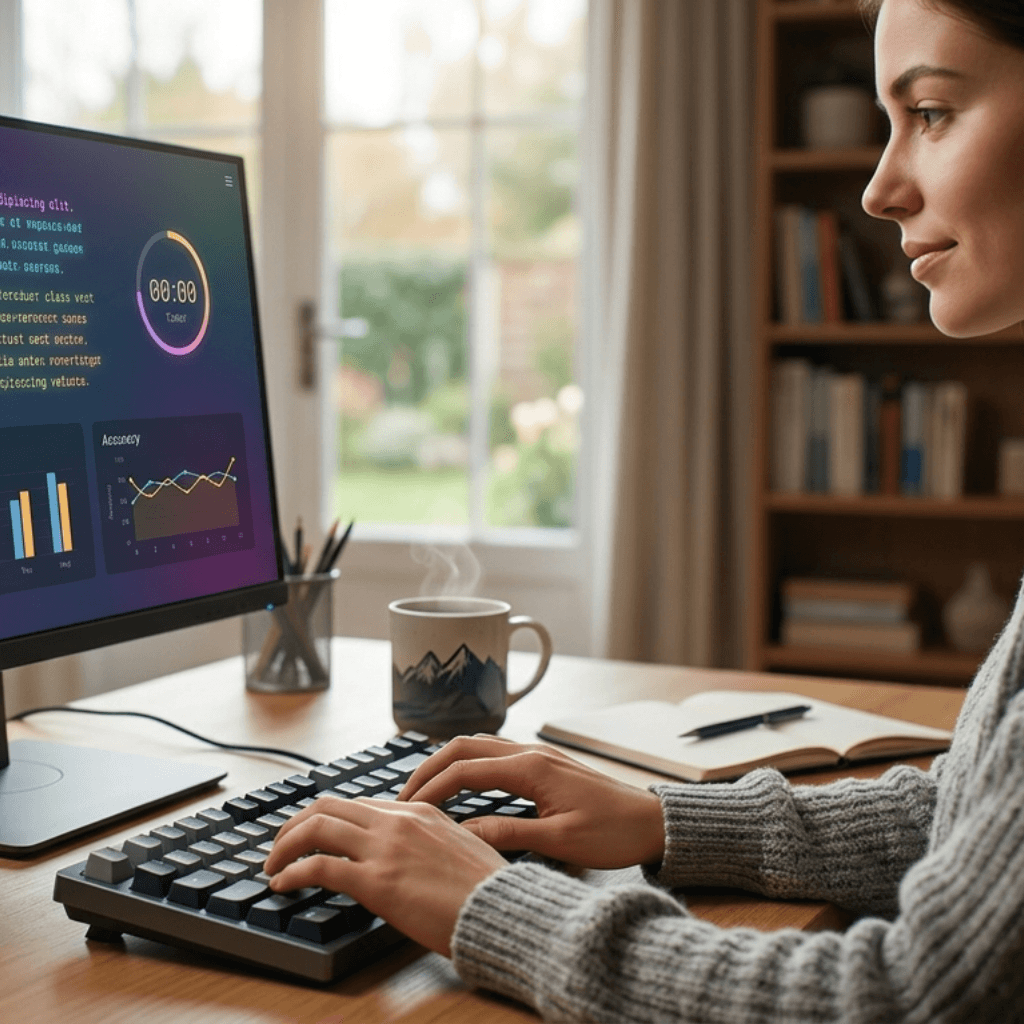 Beginner taking a fast-finger typing test online on a desktop computer with WPM and accuracy results on screen