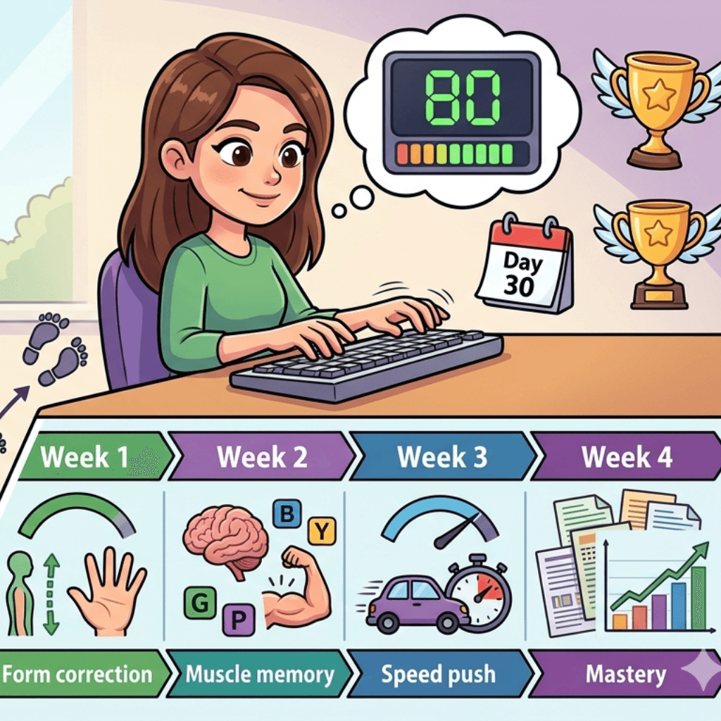 Hands practising on a keyboard to increase typing speed from 30 to 80 WPM in a 30-day plan